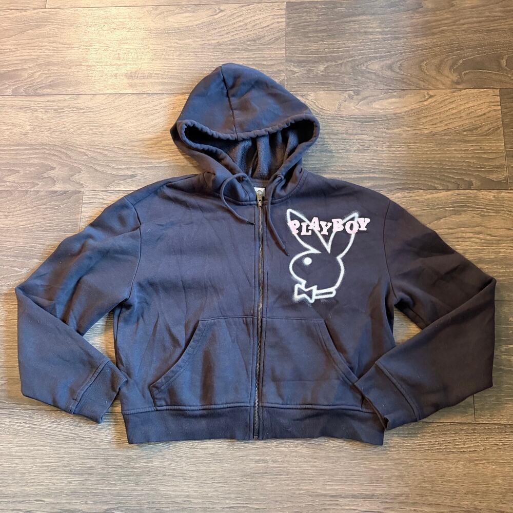 Vtg 2000s Playboy Sz. XS Black Zip Up Hoodie Y2K McBling Bunny Glitter Graphic